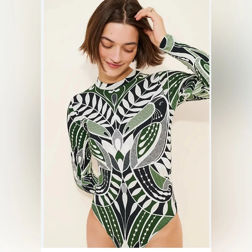 FARM Rio Puff Sleeve Green and Black Bodysuit - Picture 1 of 11